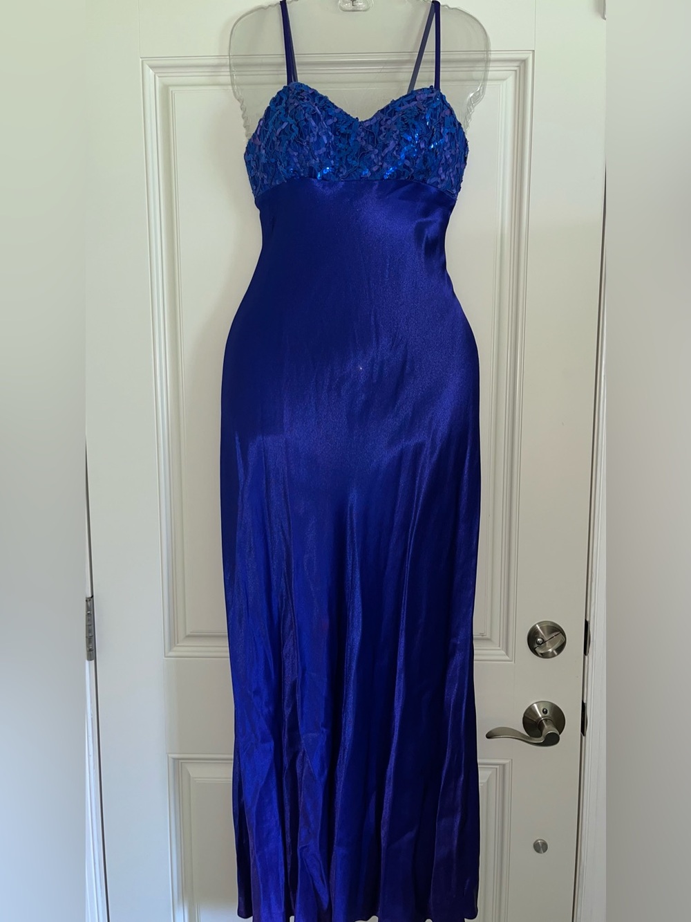 Elegant Royal Blue Vintage Evening Slip Dress with Sequin Bodice | Size 3/4